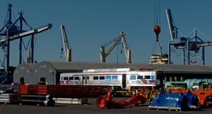 At the Tioga Marine Terminal, the prototype of the new SEPTA Silverliner V railcar sits after it was unloaded Tuesday from a ship from South Korea. Now, it has to be transported to SEPTA's Liberty Yard near Broad Street and Erie Avenue.