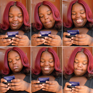 It must be a delight , judging from Kacy Smith's expressions as she sends and receives text messages while on her front porch in Camden. She's learned the risks of walking while texting.