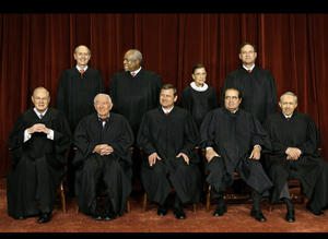 The U.S. Surpreme Court comprises Chief Justice of the United States John G. Roberts (center) and Associate Justices (bottom row, from left) Anthony M. Kennedy, John Paul Stevens, Antonin Scalia, David Souter and (top row, from left) Stephen Breyer, Clarence Thomas, Ruth Bader Ginsburg, and Samuel Alito Jr.