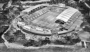 A look at an initial design from Rossetti Architects of the stadium along the Chester waterfront.