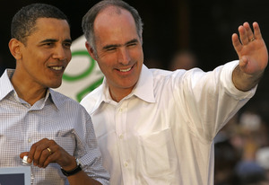 Sen. Bob Casey and Barack Obama at an April campaign rally outside Lancaster. Tonight, Casey will speak to the Democratic National Convention on economic issues.