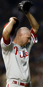Phils' Ryan Madson exited game after facing just three batters in 8th.