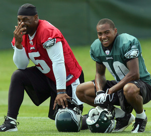 Donovan McNabb shares a laugh with rookie wideout DeSean Jackson. Jackson said he is "juiced" that he will start against the Rams.