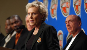 Cathy Rush, who coached the Immaculata women's basketball team to three national titles, speaking at the Basketball Hall of Fame in Springfield, Mass.