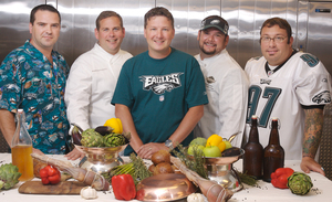 (From left to Right) Chef Sylvain Harribey from Chez Colette, Chef<br />James LoCascio from Barclay Prime, Chef David Wiederholt from<br />Oceanaire, Chef Brian Duffy from Kildaire&acute;s, Chef Matthew Levin from<br />Lacroix, shown here in the kitchen at the restaurant Lacroix, in<br />Philadelphia, September 3, 2008. 
