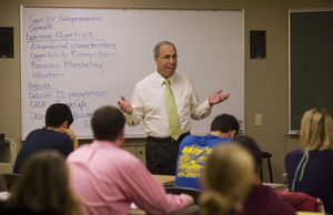 Stephen Spinelli Jr., president of Philadelphia University, moonlights one night a week teaching a class on entrepreneurship. He even grades his own performance after he goes home.