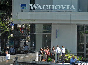 TODD SUMLIN / Charlotte (N.C.) Observer, MCT Wachovia, based in Charlotte, N.C., froze $9.3 billion Monday over the credit crunch, but allowed 26% withdrawals yesterday.
