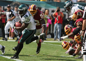 Brian Westbrook was injured six plays into Sunday's game against Redskins, but still scored on 9-yard run in first quarter.