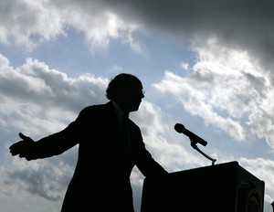 Under a cloud cover , Gov. Corzine conducts a news conference on the Atlantic City Boardwalk, proposing that New Jersey triple its goal for offshore wind power by 2020.