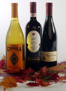Three choices that will stand up to the season's cuisine: a lightly oaked chardonnay, a juicy and tannic Barolo, and a pinot noir from the Pacific Northwest.