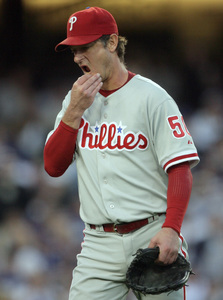 Phillies starter Jamie Moyer leaves the game after retiring only four batters. He gave up six hits and six runs, and took his second loss of the playoffs.