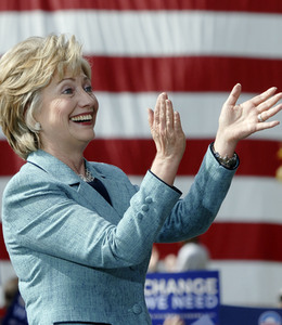 Sen. Hillary Rodham Clinton applauds at a rally of Obama supporters in Horsham. She repeated a mantra from this weekend: "It comes down to this: Jobs, baby, jobs."