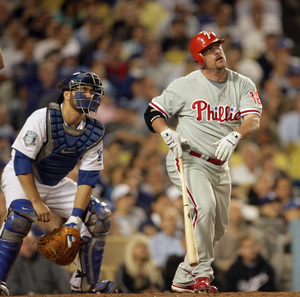 Dodgers catcher Russell Martin joins Matt Stairs in watching Stairs' homer head out of the field of play in the eighth.