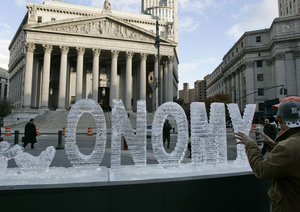 An ice sculpture of the word "economy" and titled "Main Street Meltdown" was melting yesterday, marking the 79th anniversary of the stock market crash that triggered the Great Depression. The New York sculpture - the work of Nora Ligorano and Marshall Reese in front of the state Supreme Court building - is the fourth in a series addressing political issues.