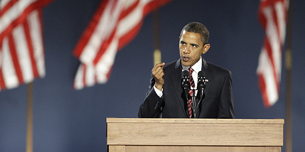 President-elect Barack Obama gives his acceptance speech at Grant Park in Chicago. (AP Photo/Morry Gash)