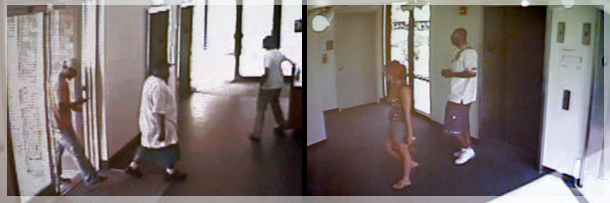 Surveillance video shows three suspects, left, entering the Piazza at Schmidts complex on Saturday, June 27, 2009, before gunning down Rian Thal and Timothy Gilmore, at right, in the Navona apartment building. (Courtesy of the Philadelphia Police Department)
