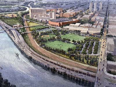 Artist’s rendering of the elevated walkways planned for the University of Pennsylvania’s Penn Park riverfront project. The project will also include athletic fields and tennis courts. (Source: University of Pennsylvania)