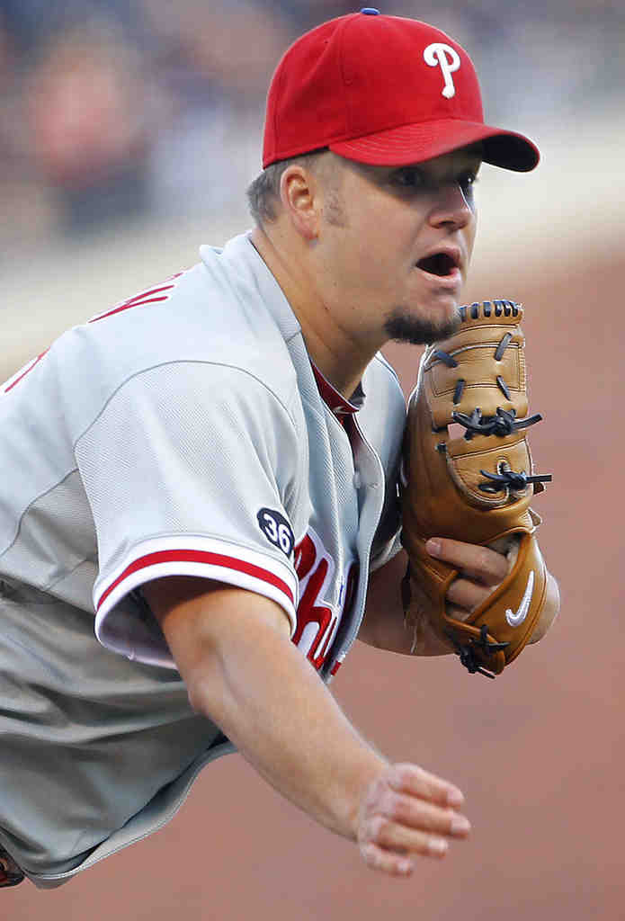 From left, Philadelphia Phillies pitchers Roy Oswalt, Joe Blanton