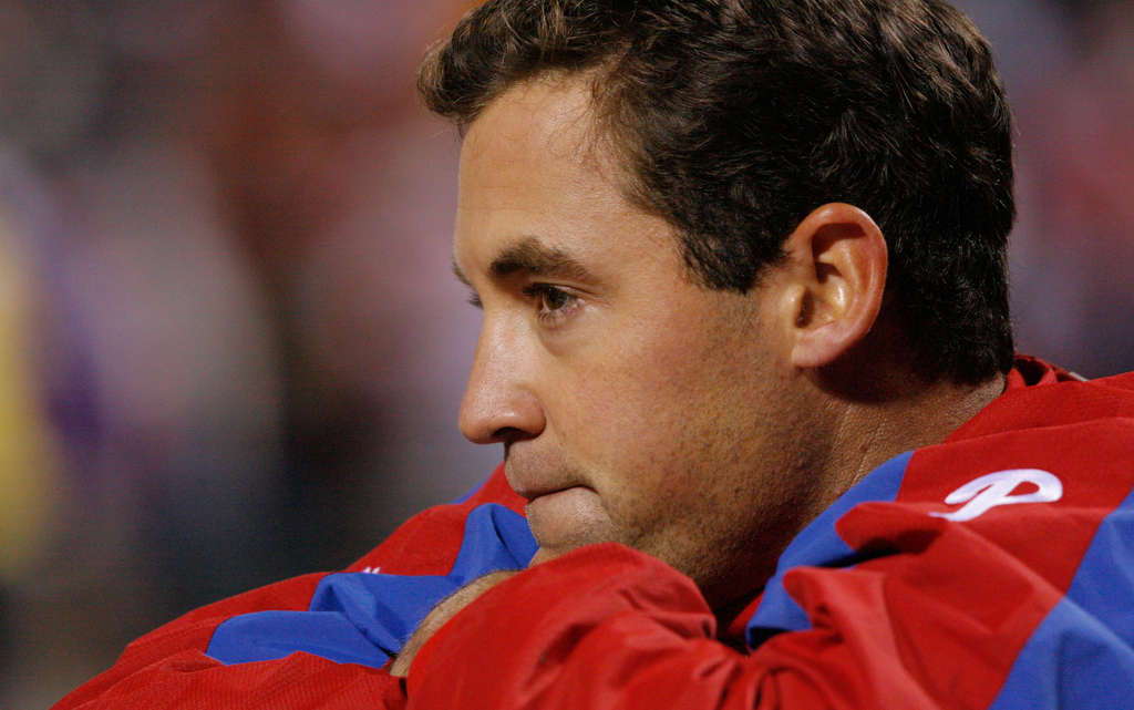 Former Philadelphia Phillies Pat Burrell (right, now of the Rays) and  Phillies' first baseman Ryan Howard (left) greet each other before the  start of a spring training game between the Tampa Bay