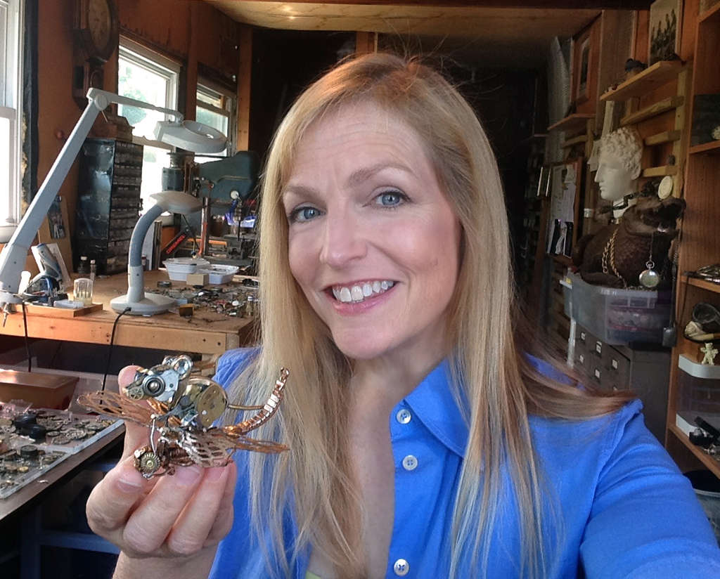 Watch parts are keen ingredients for her intricate sculptures