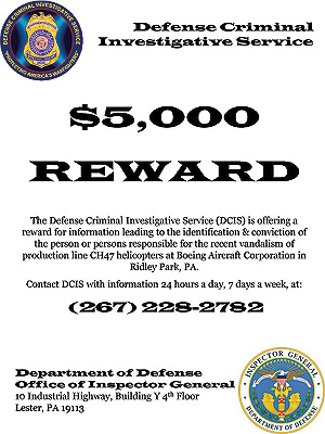 The poster announcing the reward being offered in the probe at Boeing.