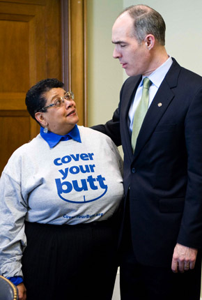 Colorectal-cancer survivor Verna Cox, meeting with Sen. Bob Casey Jr. last month to lobby for health coverage.