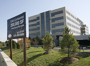 A sign advertises 200,000 square feet of office space in an office building along Route 202 in Valley Forge. Space is available - 100,000 now - but the push is on for tenants.