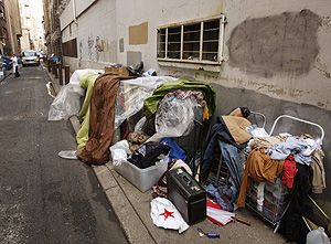 A dwelling assembled by the homeless in the 1600 block of Moravian Street.<br />
