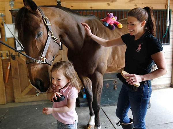 Calvin gets a brushing from owner Jane Withstandley and nuzzles her daughter, Blair. Calvin competed at the Devon Horse Show after undergoing chemotherapy. (MIchael S. Wirtz/Staff)