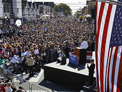 Democratic presidential candidate Sen. Barack Obama, D-Ill., speaks at a rally at 52nd and Locust Streets today. (AP Photo/Alex Brandon)