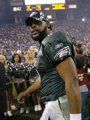 The Philadelphia Eagles' Terrell Owens tests his ankle during Media Day for  Super Bowl XXXIX on Feb. 1, 2005, in Jacksonville, Fla. The Eagles will  play the New England Patriots for the