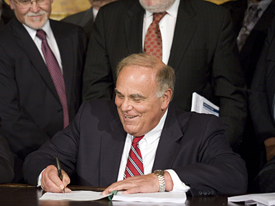 Governor Ed Rendell signs the 2008-2009 state budget that increases spending on education and authorizes billions in new borrowing. (AP)