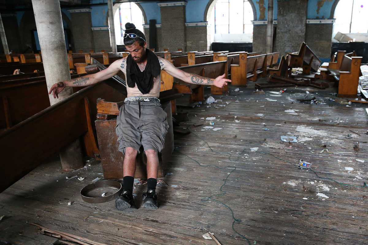 Josh Green, who is addicted to heroin, lives inside the former Ascension of Our Lord Church in Philadelphia. 