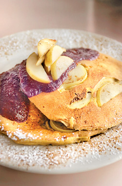 Sabrina´s Cafe, which once served these pumpkin-pear pancakes with blueberry compote, is a funky spot for brunch says LaBan.