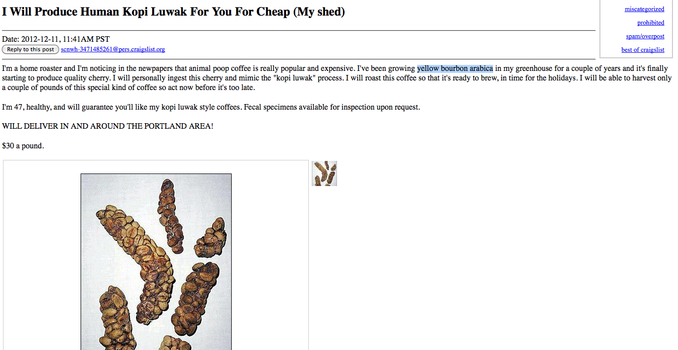 Someone is selling human poop coffee on Craigslist for $30/pound?