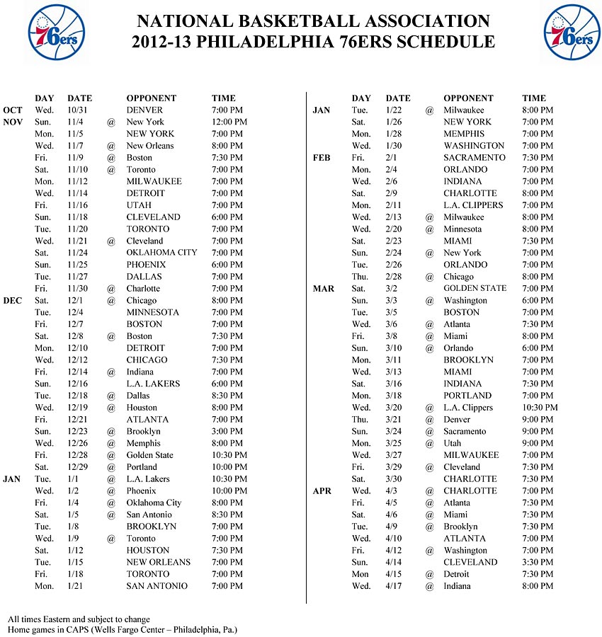 76ers release 201213 schedule Philly