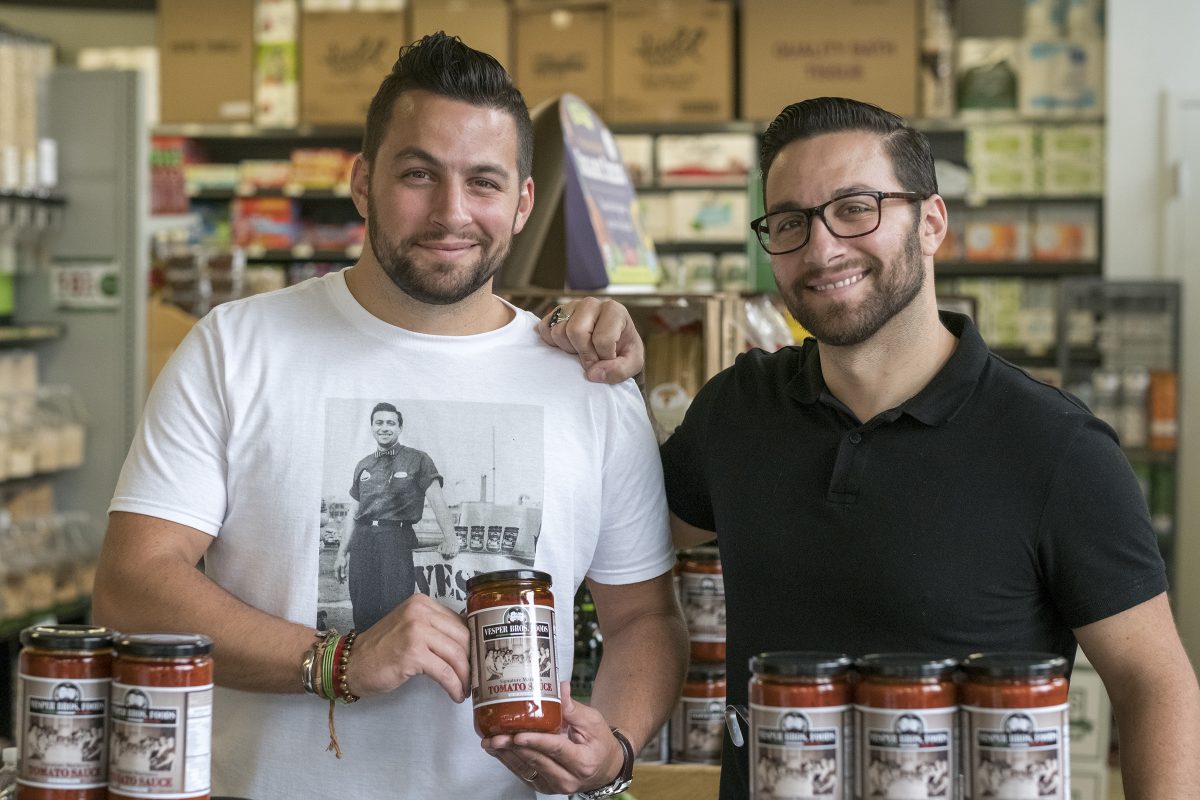 Bill and John Vesper at the Swarthmore CO-OP with their Vesper Brothers Foods’ signature pasta sauce.  