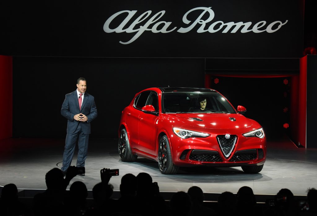 Reid Bigland, global head of Alfa Romeo, introduces the 2018 Alfa Romeo Stelvio at the 2016 L.A. Auto Show.  