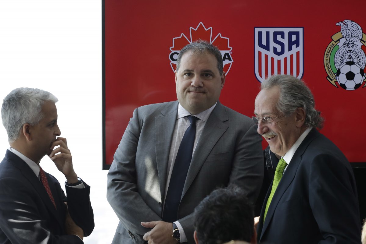 CONCACAF president Victor Montagliani of Canada (center) with United States Soccer Federation president Sunil Gulati (left) and Mexican federation president Decio De Maria (right). 