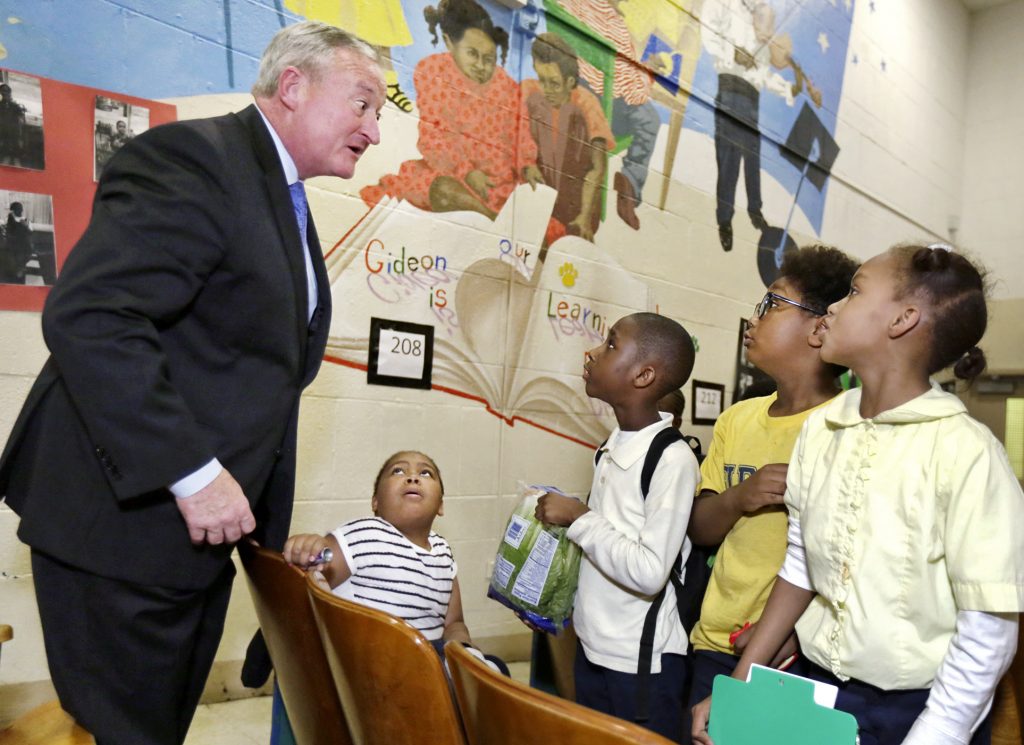 Mayor Kenney makes faces while meeting second graders at Gideon Elementary School in this file photo. Gideon is a community school. 
