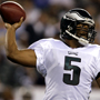 Donovan McNabb throws during the 1st quarter as the Philadelphia Eagles play an exhibition game against the Carolina Panthers in Philadelphia, Pa., on August 14, 2008. <br />David Maialetti / Philadelphia Daily News<br />