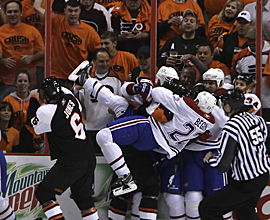In a huge fight during last night´s game, Montreal´s Steve Begin jumps on top of Flyers Derian Hatcher. (Ron Cortes / Inquirer).
