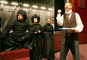 Actor Bill Irwin laughs during rehearsal with (from left) Aaron Cromie, Dawn Falato and Nichole Canuso. The Tony Award winner is in Philadelphia performing in “The Happiness Lecture” for the Philadelphia Theatre Company. (David Swanson / Inquirer)