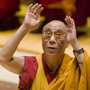 The Dalai Lama, shown here waving goodbye to the audience after speaking at the Kimmel Center, in Philadelphia, July 16, 2008. His Holiness the 14th Dalai Lama is the exiled spiritual leader of the Tibetan people. 