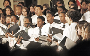 The Philadelphia All City Choir sings "Elijah Rock" during the Philadelphia Orchestra&acute;s King tribute concert last night at M.L. King High School on Stenton Avenue. 