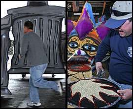 The Pennsport String Band (left) gets ready for the big debut. Peter DiMatteo Jr. (right), of the Adelphia Fancy Club, works in the garage of his home in Wilmington.