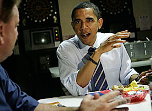 Barack Obama chats with union members as he eats his breakfast at the Evansville Labor Temple in Evansville, Ind., Monday. Tomorrow are primaries in Indiana and North Carolina. (AP Photo/Jae C. Hong) 