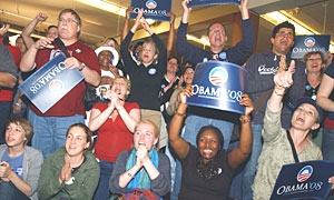 Barack Obama supporters at his Portland, Ore. campaign headquarters are just a bit pleased. Their candidate won the state&acute;s primary, but Hillary Clinton won Kentucky the same day. (AP Photo/Greg Wahl-Stephens)