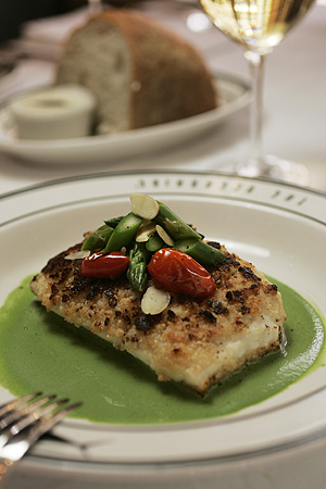 Halibut with white gazpacho at the Oceanaire on Walnut Street.