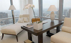 The interior of one of the building&acute;s models at the Residences at Ritz-Carlton, with a wide view of Center City. The 43-story building is at 15th Street and South Penn Square. (April Saul / Staff Photographer) 